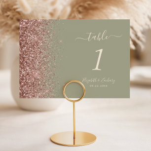 Sage Green Rose Gold Glitter Edge Wedding Table Number