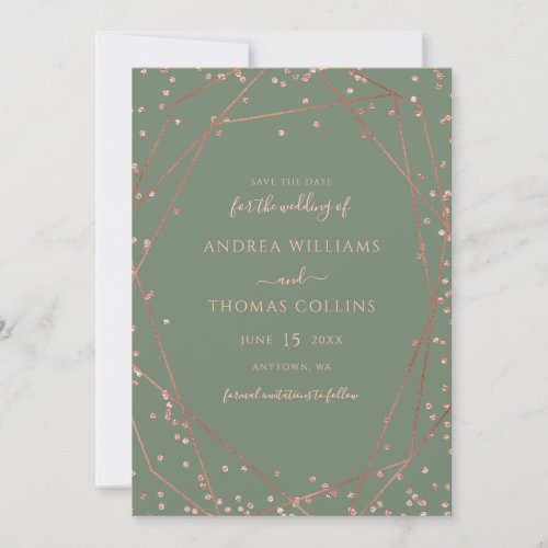 Sage Green Rose Gold Glitter Geometric Wedding Save The Date