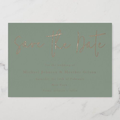 Sage Green  Rose Gold Wedding Save the Date Foil Invitation