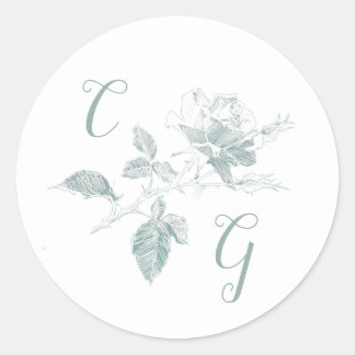 Sage Green Rose Line Art Monogram Wedding Classic Round Sticker