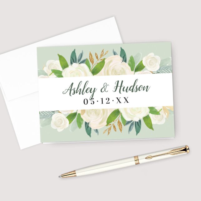 Sage Green Rose Monogram Wedding Thank You Card (Creator Uploaded)