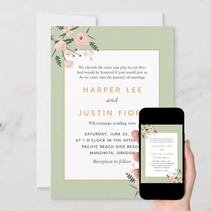 Sage Green Rose Pink Flowers Contemporary Wedding Invitation | Zazzle