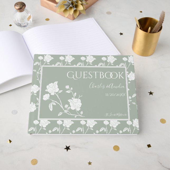 Sage Green Rose Wedding Guest Book (Front Open)