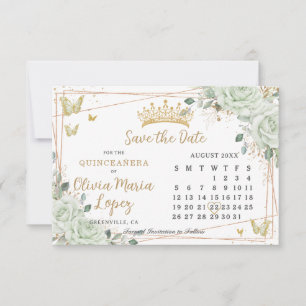 Sage Green Roses Floral Gold Quinceañera Calendar  Save The Date