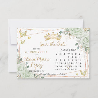 Sage Green Roses Floral Gold Quinceañera Calendar  Save The Date