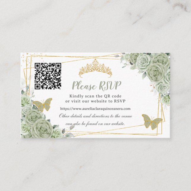 Sage Green Roses Floral Gold Quinceañera RSVP QR  Enclosure Card (Front)