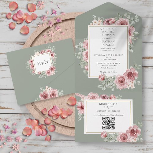 Sage Green Roses Floral QR Code Wedding All In One Invitation