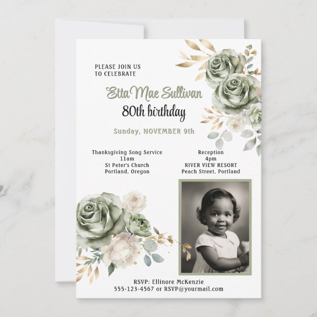 Sage green Roses gold leaves 80th birthday Photo  Invitation (Front)