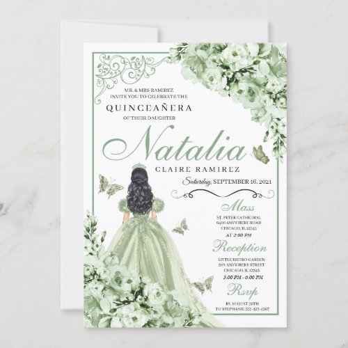 Sage Green Roses Princess Dress Quinceanera Invitation