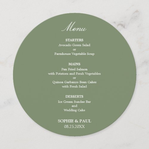 Sage Green Round Wedding Menu