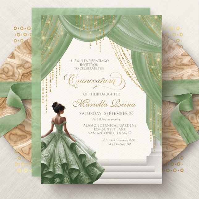Sage Green Royal Fairytale Modern Quinceanera Invitation (Creator Uploaded)