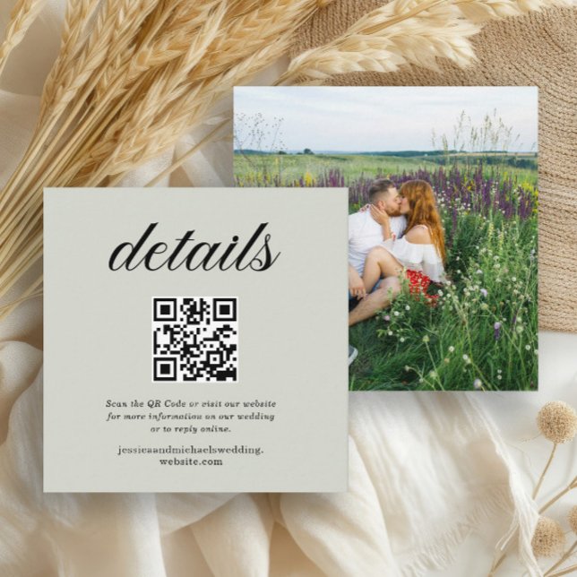 Sage Green RSVP Website QR Code Photo Enclosure Card (Wedding details photo enclosure card with QR Code and Wedding website)