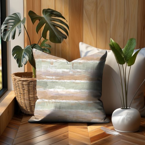 Sage Green Rust Brown Off_White Watercolor Stripes Throw Pillow