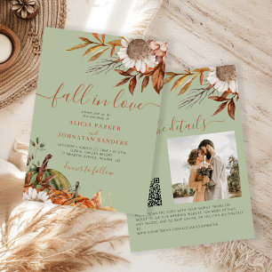 Sage green rust leaves boho floral fall wedding invitation