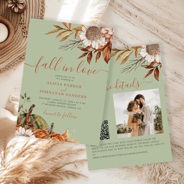 Sage green rust leaves boho floral fall wedding invitation (Creator Uploaded)