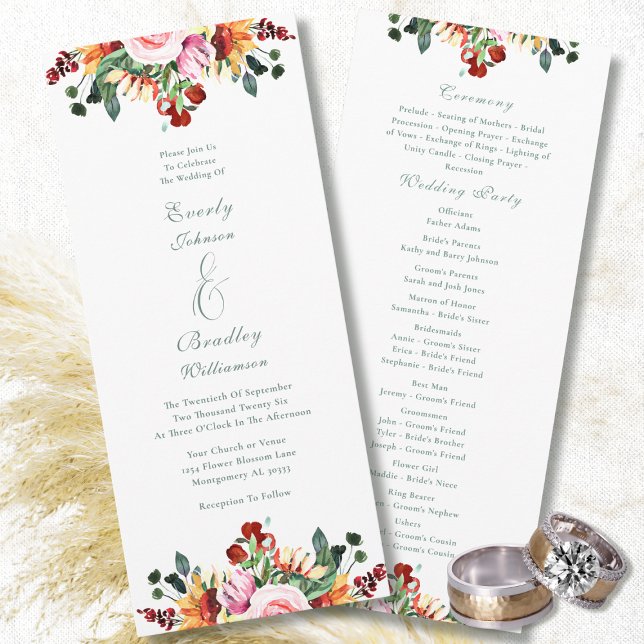 Sage Green Rust Yellow Orange Floral Wedding Program (Creator Uploaded)