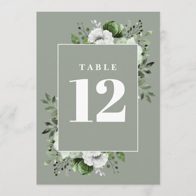 Sage Green Rustic Country Floral Table Number (Front)