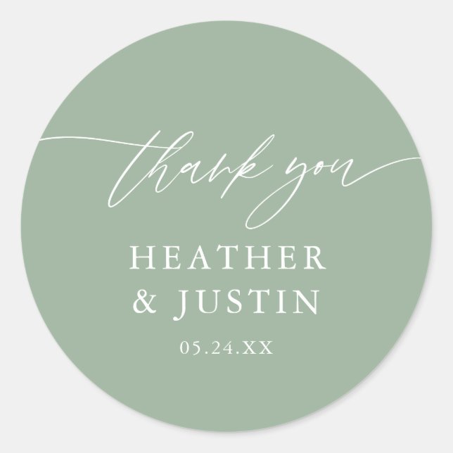 Sage Green Rustic Elegant Wedding Thank You Classic Round Sticker (Front)
