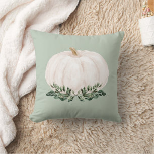 Sage Green Rustic Fall Pumpkin Watercolor Throw Pillow