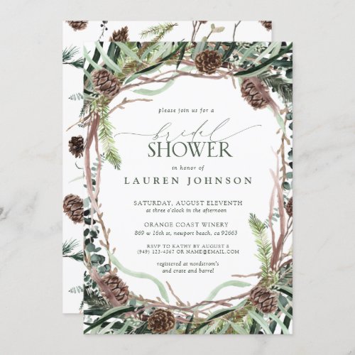 Sage Green Rustic Greenery Pinecone Bridal Shower Invitation