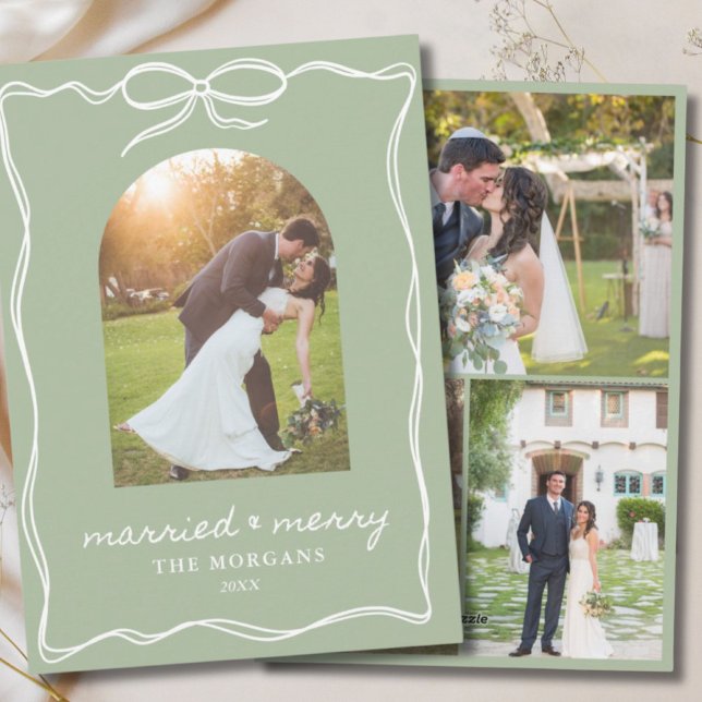 Sage Green Rustic Married & Merry 4 Photo Wedding Holiday Card (Sage Green Rustic Married & Merry 4 Photo Wedding)