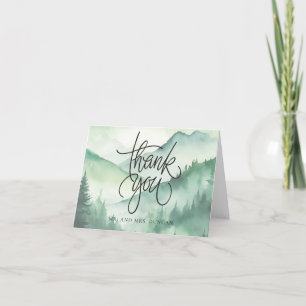 Sage Green Rustic Mountain Evergreen Trees Script Letterpress Thank You Card
