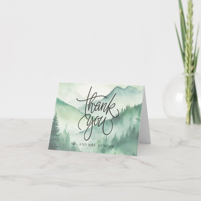 Sage Green Rustic Mountain Evergreen Trees Script Letterpress Thank You Card (Front)