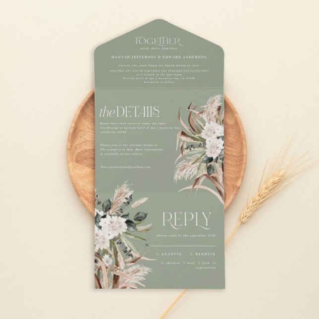 sage green rustic pampas eucalyptus wedding all in one invitation