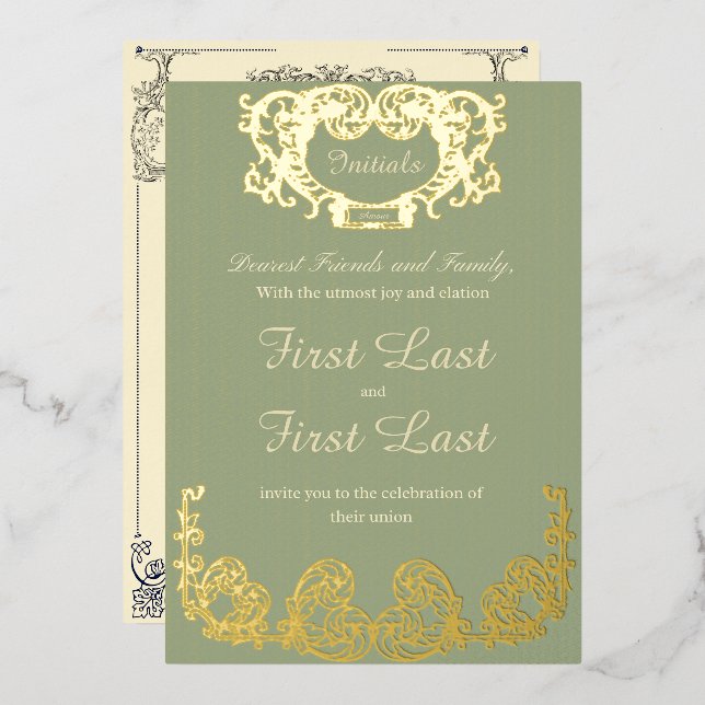 Sage Green Rustic Royal Wedding Foil Invitation (Front/Back)