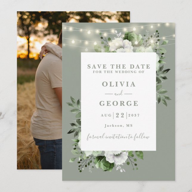 Sage Green Rustic String Lights Floral Photo Save The Date (Front/Back)