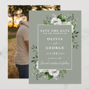 Sage Green Rustic Watercolor Floral Photo Wedding Save The Date