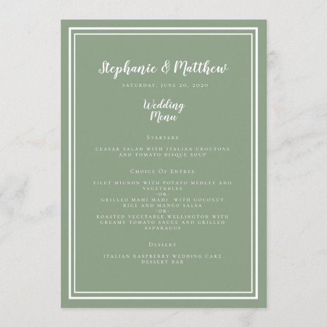 Sage Green Rustic Wedding Simple Modern Dinner Menu (Front)