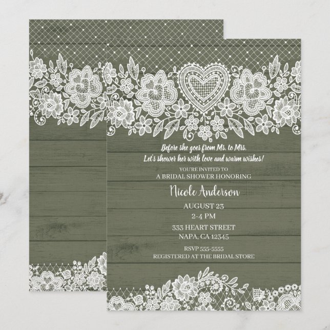 Sage Green Rustic Wood Lace Bridal Shower Invitation (Front/Back)