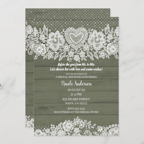 Sage Green Rustic Wood Lace Bridal Shower Invitation