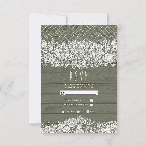 Sage Green Rustic Wood Lace Farmhouse Wedding RSVP