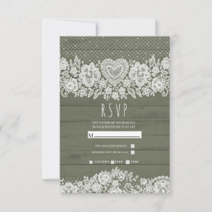 Sage Green Rustic Wood Lace Farmhouse Wedding RSVP Card