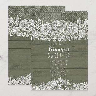 Sage Green Rustic Wood & Lace Sweet 16 Birthday Invitation