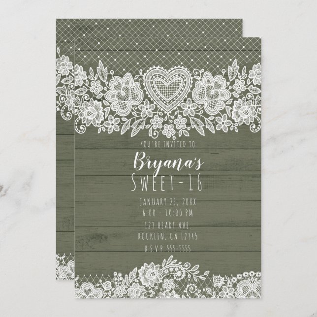 Sage Green Rustic Wood & Lace Sweet 16 Birthday Invitation (Front/Back)