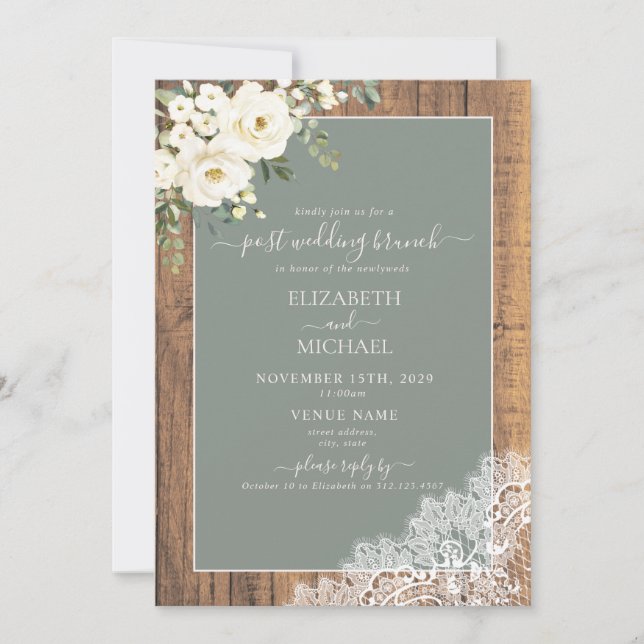 Sage Green Rustic Wood Script Post Wedding Brunch Invitation (Front)