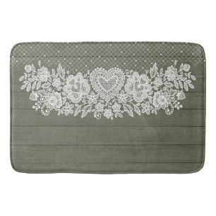 Sage Green Rustic Wood & White Lace Lacy Farmhouse Bath Mat
