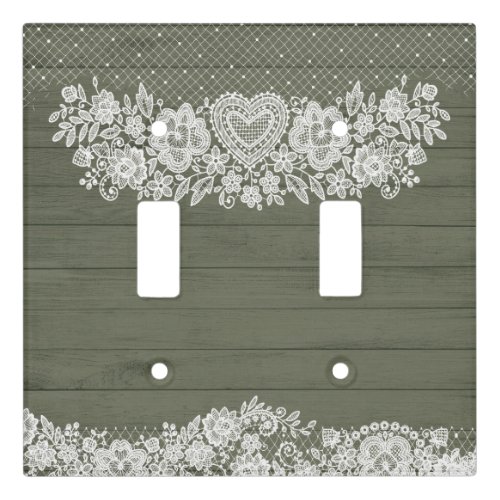 Sage Green Rustic Wood  White Lace Lacy Farmhouse Light Switch Cover