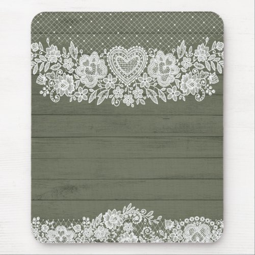 Sage Green Rustic Wood  White Lace Lacy Farmhouse Mouse Pad