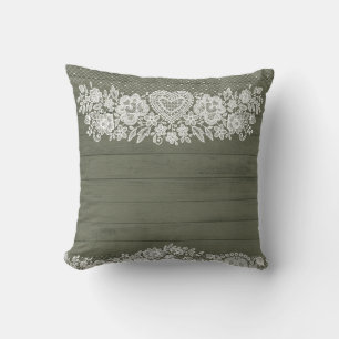 Sage Green Rustic Wood & White Lace Lacy Farmhouse Throw Pillow
