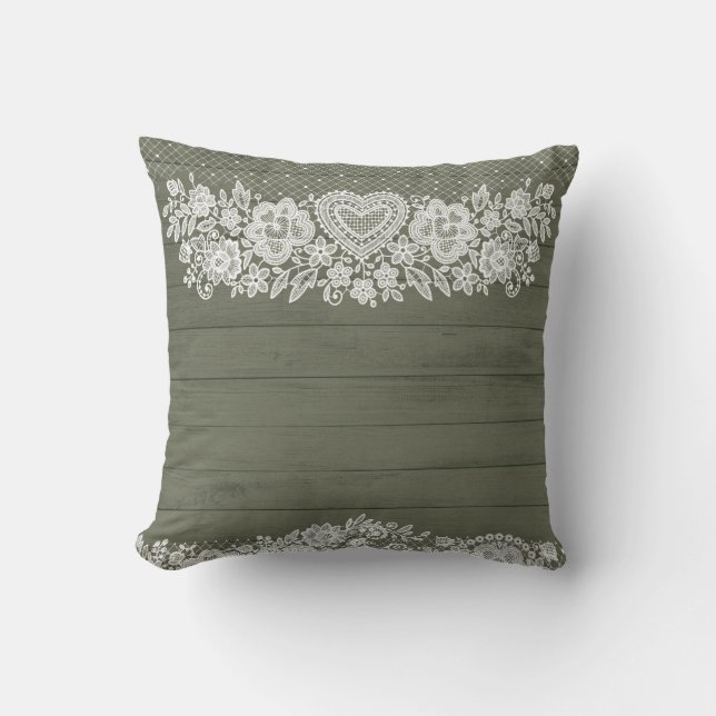 Sage Green Rustic Wood & White Lace Lacy Farmhouse Throw Pillow (Front)
