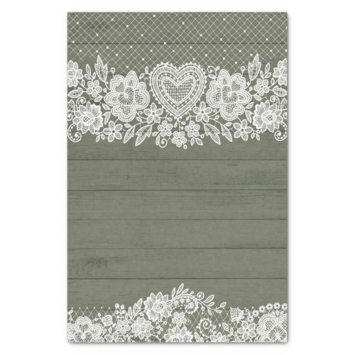 Sage Green Rustic Wood  White Lace Lacy Farmhouse Tissue Paper