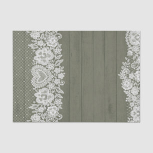 Sage Green Rustic Wood & White Lace Lacy Farmhouse Tissue Paper