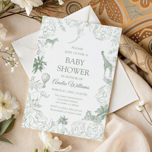 Sage Green Safari Jungle Animals Baby Shower Invitation