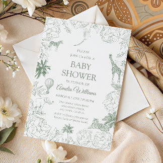 Sage Green Safari Jungle Animals Baby Shower Invitation