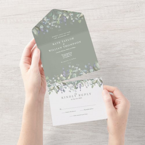 Sage Green Sage And Lilac Floral Monogram Wedding All In One Invitation