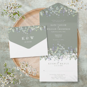 Sage Green Sage And Lilac Floral Monogram Wedding All In One Invitation
